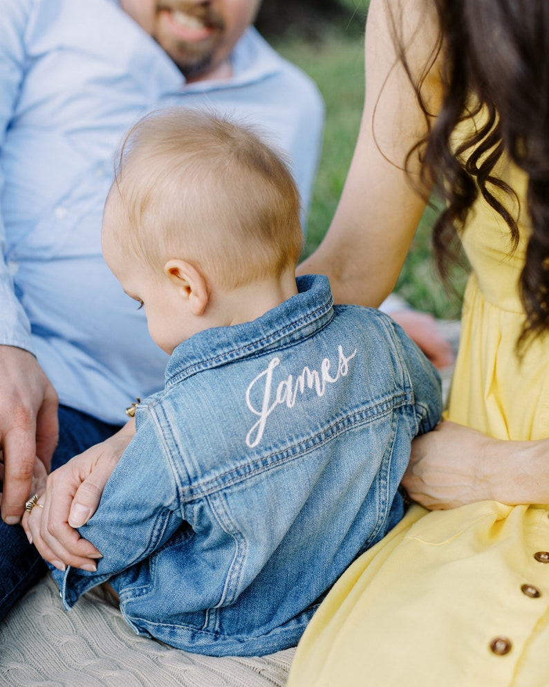 Hand-Painted Baby Jean Jacket Calligraphy, Personalized Denim Jacket for Toddlers and Babies, Custom, Personalization image 1