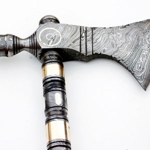 Hand Forged Damascus Steel Viking Tomahawk Axe with Brass & Copper