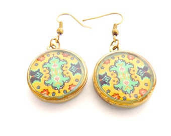 Yellow, Gold Brass, Earrings, Ethnic Jewelry, Persian Rug, Raw Brass, Made in Canada