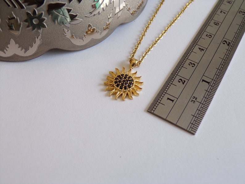 Golden Sunburst Necklace with Black Zircon Stones Dainty Jewelry image 5