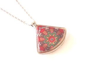 Red, Silver, Pendant and Necklace Traditional Eastern Style Tiles and Miniature, Gold Brass Setting, Made in Canada