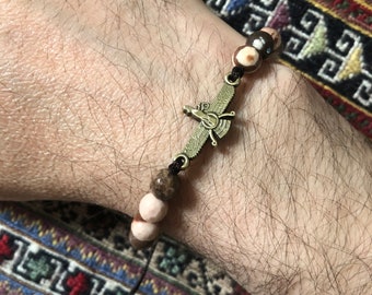 Unisex Farvahar Bracelet, Persian Jewelry, Ahuramazda Jewelry, Zoroastrian Symbol, Macrame Bracelet, Zebra Jasper Beads, Made in Canada