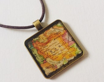 Antique Bronze, Resin Pendant, Stamp, Map of Persia, Adjustable Necklace, Ethnic Jewelry, Waxed Cotton Cord, Made in Canada