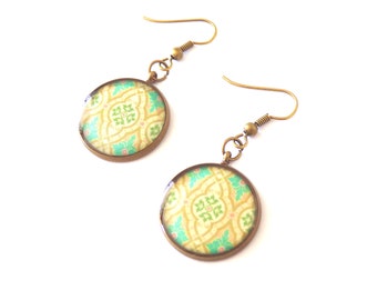 Blue, Yellow, Bronze, Dangle Earrings, Ethnic Jewelry, Made in Canada