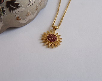 Golden Sunburst Necklace with Red Zircon Stones - Dainty Jewelry