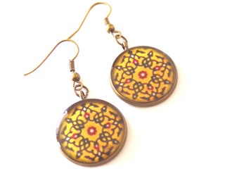 Yellow, bronze, dangle earrings, ethnic design, made in Canada