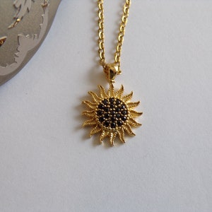 Golden Sunburst Necklace with Black Zircon Stones Dainty Jewelry image 1