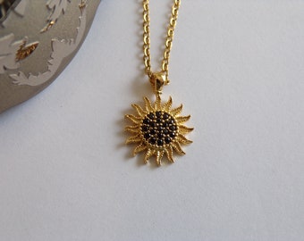 Golden Sunburst Necklace with Black Zircon Stones - Dainty Jewelry