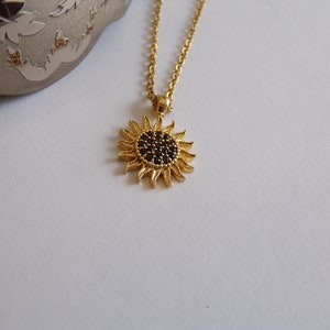 Golden Sunburst Necklace with Black Zircon Stones Dainty Jewelry image 2