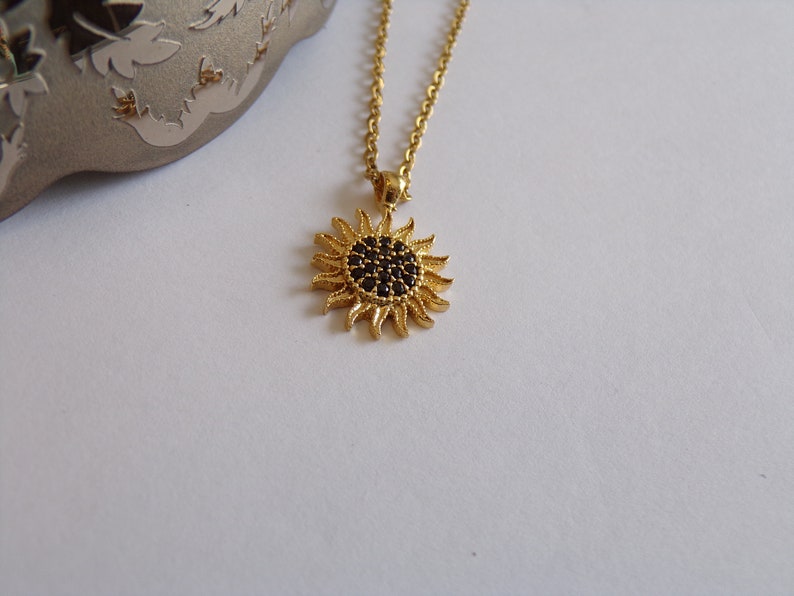 Golden Sunburst Necklace with Black Zircon Stones Dainty Jewelry image 2