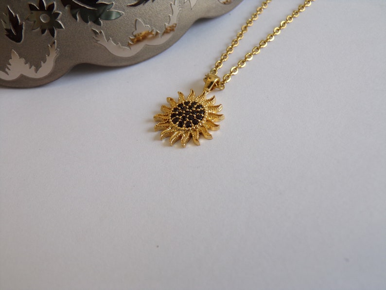 Golden Sunburst Necklace with Black Zircon Stones Dainty Jewelry image 6