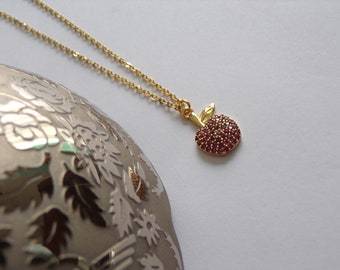 Gold Apple Necklace with Shiny Red Zircon Gemstones - Handcrafted Jewelry