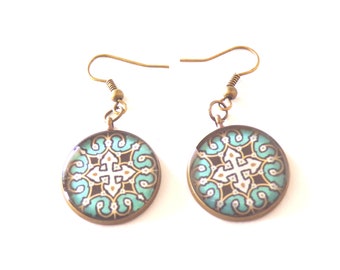 Blue, Bronze, Dangle Earrings, Ethnic Jewelry, Made in Canada