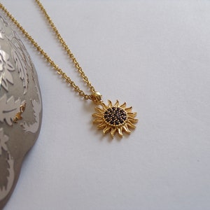 Golden Sunburst Necklace with Black Zircon Stones Dainty Jewelry image 4