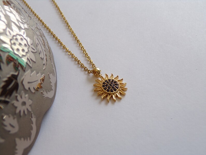 Golden Sunburst Necklace with Black Zircon Stones Dainty Jewelry image 4