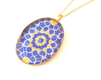Blue, Yellow, God Brass, Pendant, Necklace Traditional Ethnic Style Jewelry, Made in Canada