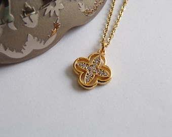 Golden Four Leaf Clover Necklace with Zircon Stones - Dainty Jewelry