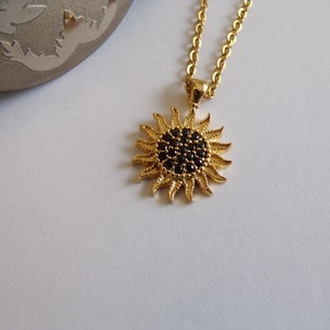 Golden Sunburst Necklace with Black Zircon Stones Dainty Jewelry image 7
