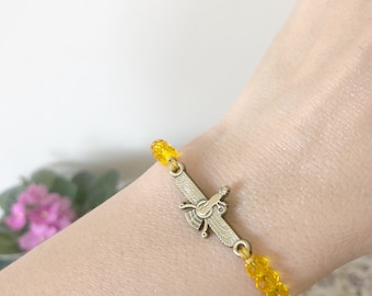 Yellow, Unisex Farvahar Bracelet, Persian Jewelry, Ahuramazda Jewelry, Zoroastrian Symbol, Macrame Bracelet, Rondelle Beads, Made in Canada