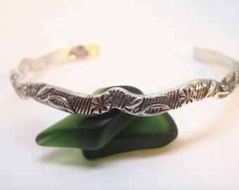 Heavy Stackable STERLING SILVER Hydraulic Pressed DESIGN Of Flowers and Leaves Against A Striped Backround  Textured Polished Cuff