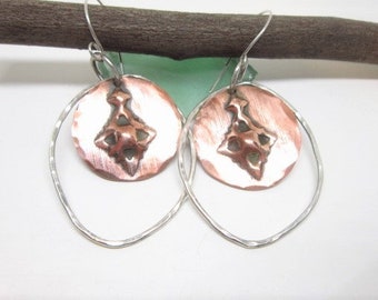 3 Dimensional Design in COPPER with Over Sized-Elongated STERLING SILVER Hoops