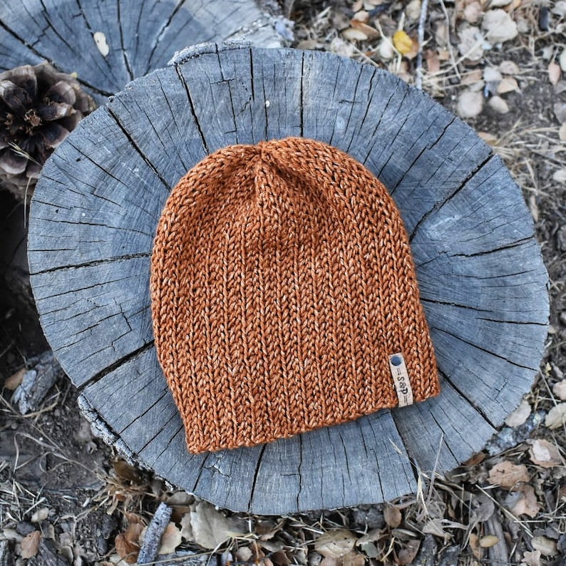 May include: A brown knitted beanie with a ribbed texture. The beanie has a small leather tag with the word "Seed" on it.