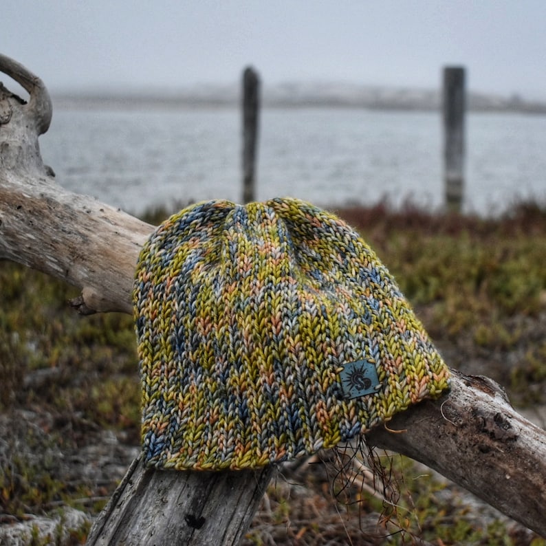 May include: A colorful knitted beanie hat with a blue, yellow, and orange pattern. The hat has a small, round patch with a design on it.