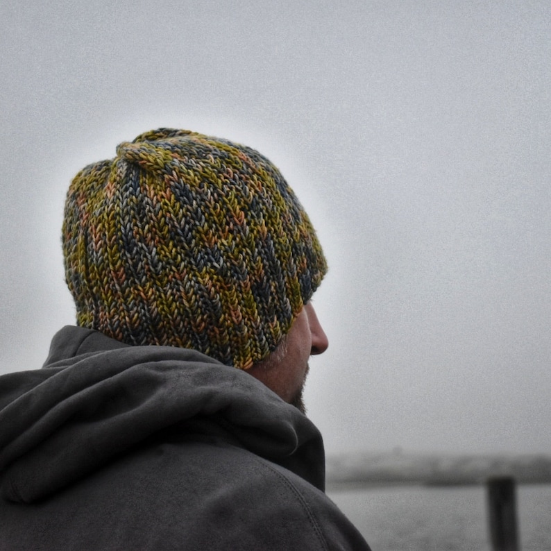 May include: A person wearing a brown, green, and blue knitted beanie hat. The hat has a textured pattern and is pulled down over the person's forehead.