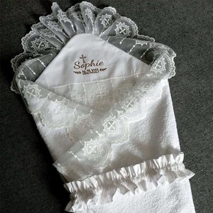 Baby swaddling blanket for christening &quot;Sophie&quot; made of cotton with terry cloth and delicate lace in white, personalized