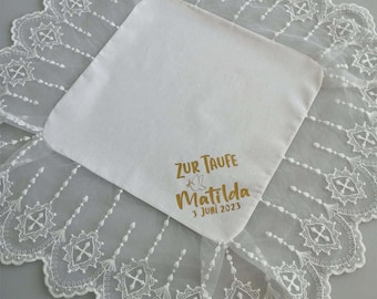 Baptismal cloth "altar lace" with first name, date and dove - a cloth for baptism personalized by the godfather with inscription