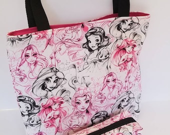 Disney Princess Tote Bag and Pencils Pouches. Zipper Bag. Makeup bag