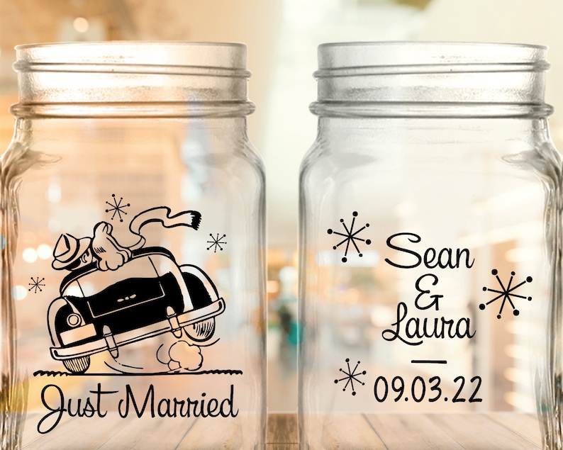 Custom Retro Just Married 2-Sided Wedding Favor Mason Jars