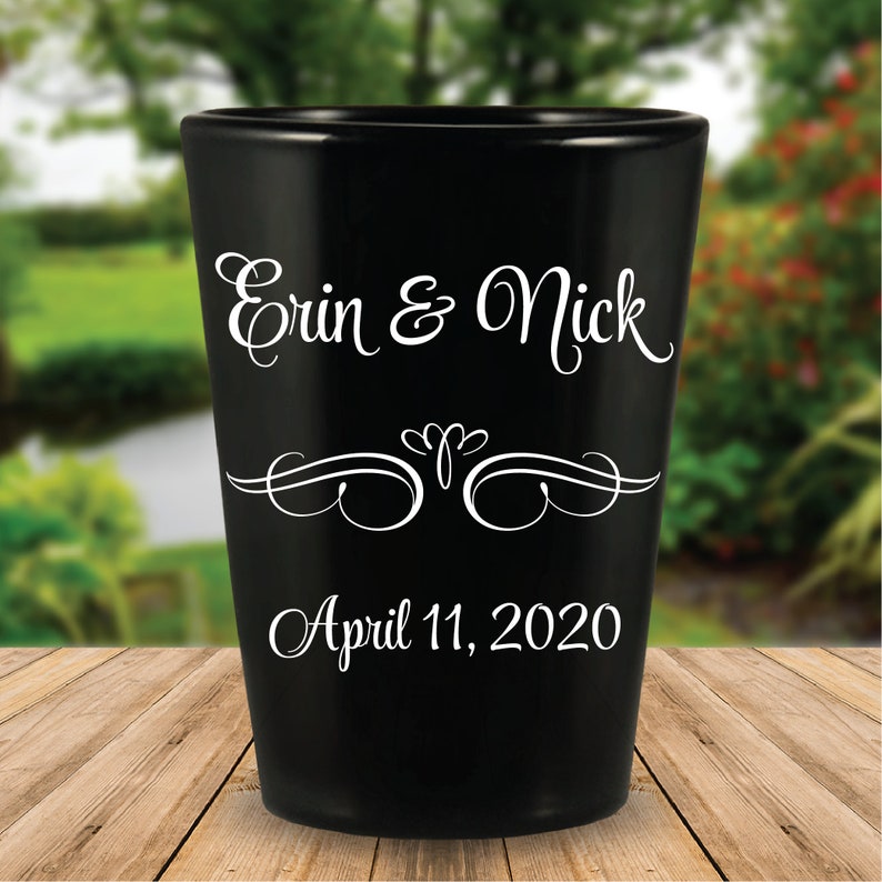 Custom Script Personalized Black Wedding Favor Shot Glasses