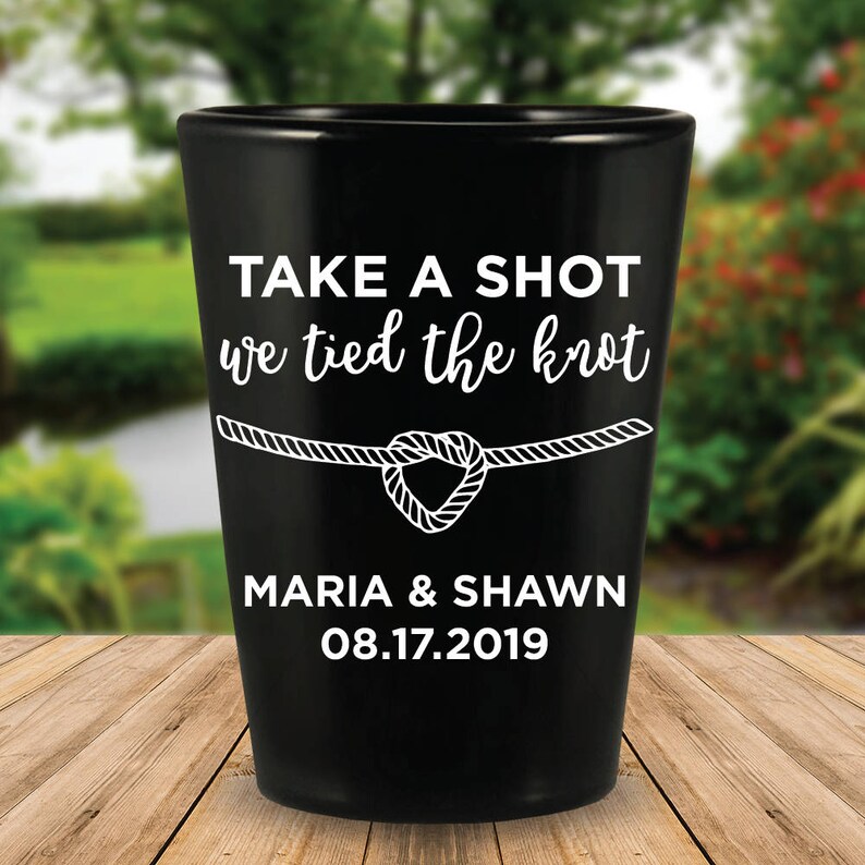Custom Personalized Tied The Knot Black Wedding Favor Shot Glasses