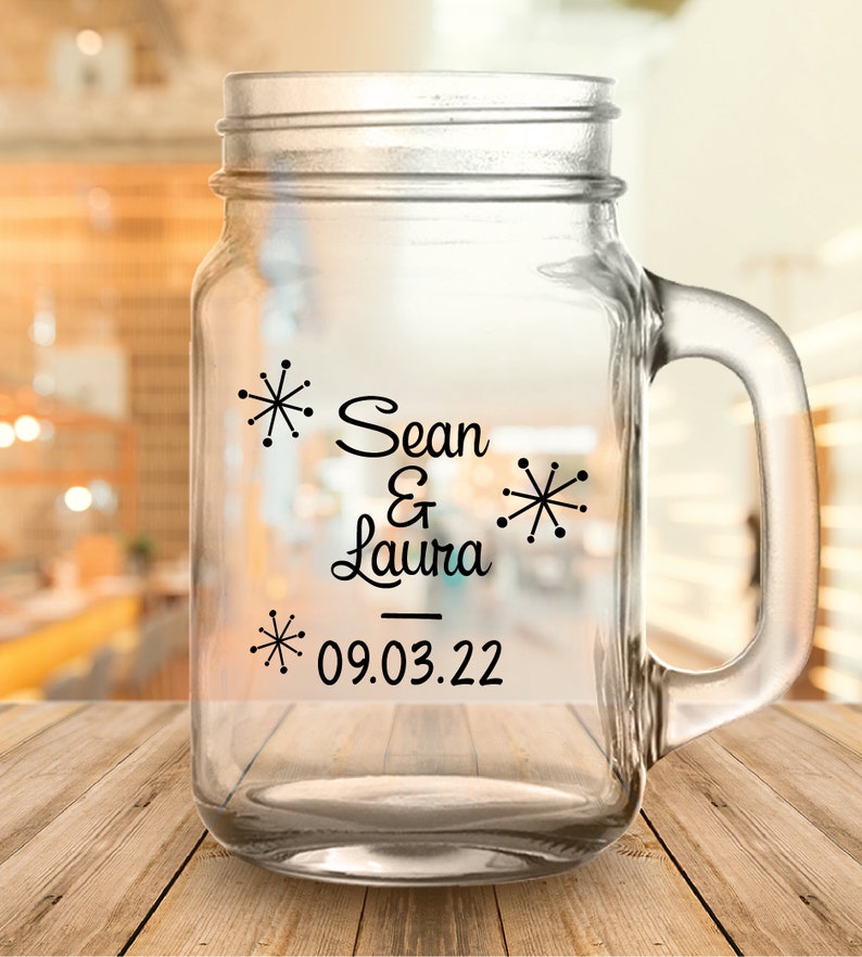 Custom Retro Just Married 2-Sided Wedding Favor Mason Jars