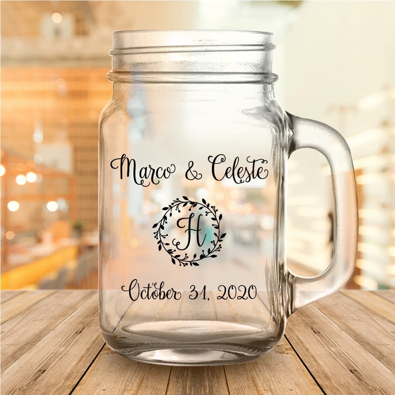 Custom Laurel Wreath Monogram Wedding Favor Mason Jars