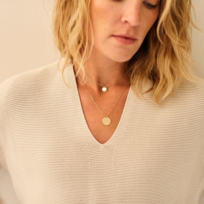 IEVA HAMMERED Edge COIN necklace, minimalist coin necklace, 14K Gold Filled circle necklace, Sterling Silver layering simple necklace