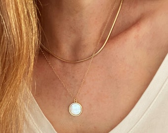 KARINE MOTHER of PEARL circle coin necklace, 14k gold filled Shell stone disc, Rainbow layering charm necklace, Minimalist jewelry