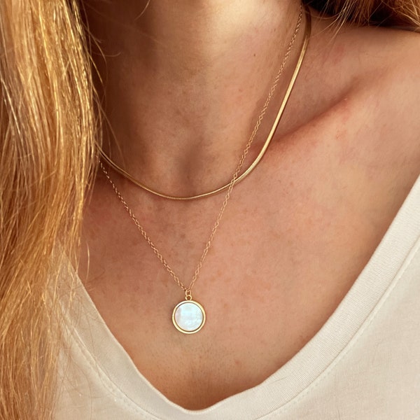 KARINE MOTHER of PEARL circle coin necklace, 14k gold filled Shell stone disc, Rainbow layering charm necklace, Minimalist jewelry