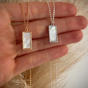 Kari MOTHER of PEARL RECTANGLE necklace 14k gold fill rectangle pendant Shell stone Rainbow necklace Minimalist jewelry rectangle charm