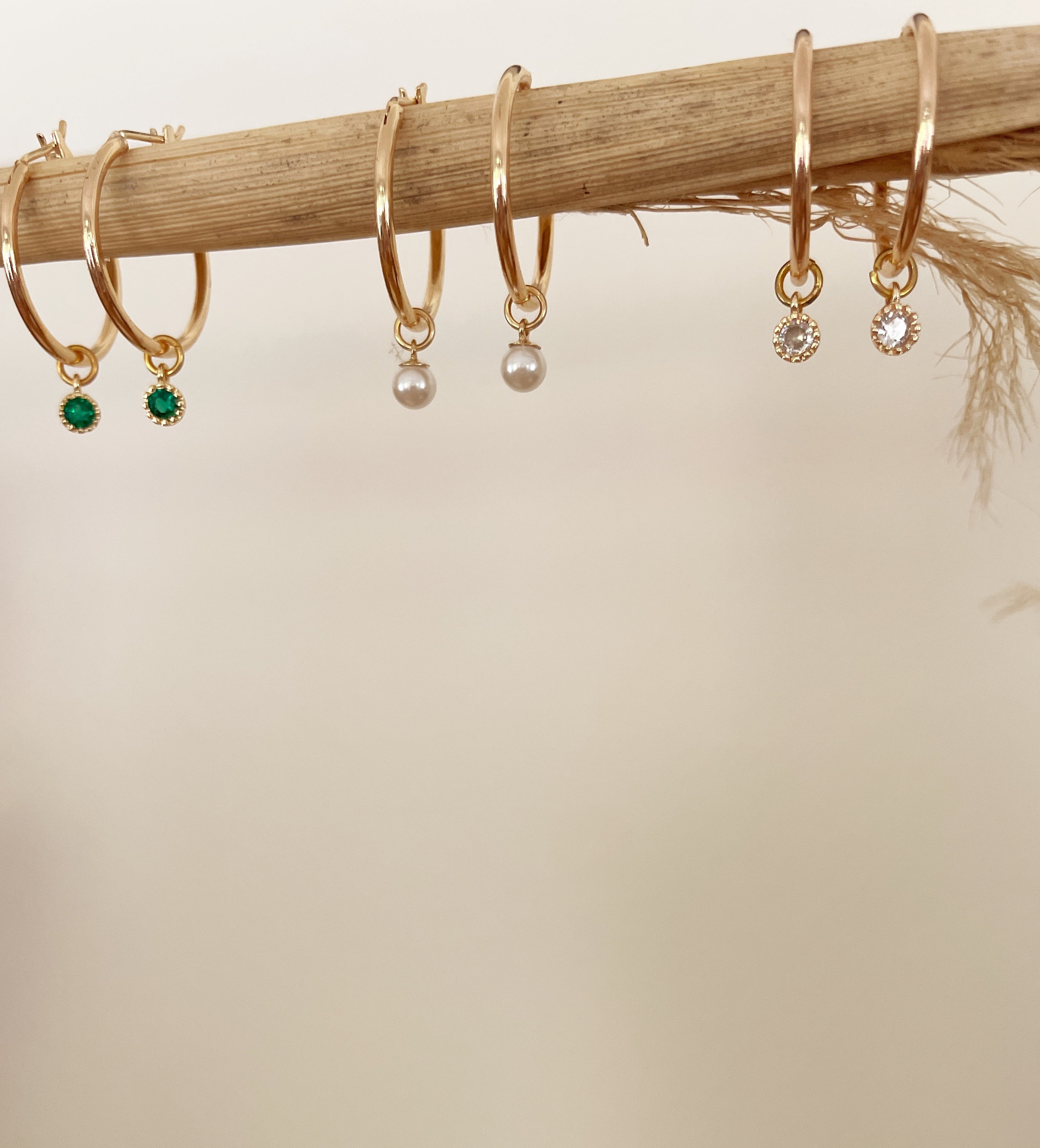 MARLA CHARM HOOPS, Gold Gemstone earrings, Gold hoops, Cubic zirconia Charm earrings, Pearl hoops, Wine glass hoops, emerald hoops