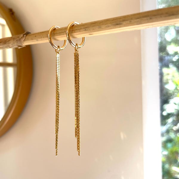 Elanie Tassel FRINGE HOOP EARRINGS / snake chain earrings/ gold hoops/ hoop charms/ gold tassel earrings/ silver dangle earrings