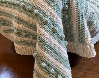 Bobble Striped Blanket with Ribbed Border; Spa/Decor Colors (your choice); approx. 60" x 50"; Premium Low-Pill Acrylic Yarn; MADE TO ORDER