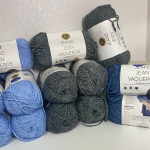 YARN DESTASH! Yarn Lot of 15 Skeins (with BONUS 4-skein project); Lion Brand "Jeans" Yarn; Blues & Gray; 15 New + 4 Used Skeins; Bin Stored