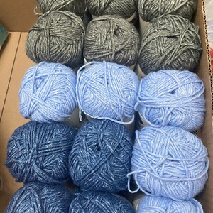 DESTASH! Yarn Lot of 15 Skeins (with BONUS 4-skein project); Lion Brand "Jeans" Yarn; Blues & Gray; 15 New + 4 Used Skeins; Bin Stored