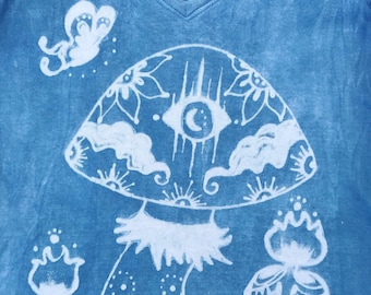 Mushroom Magick: Wisdom, Guidance, Rebirth, Made to Order T-Shirt, Hand Dyed in Natural Indigo