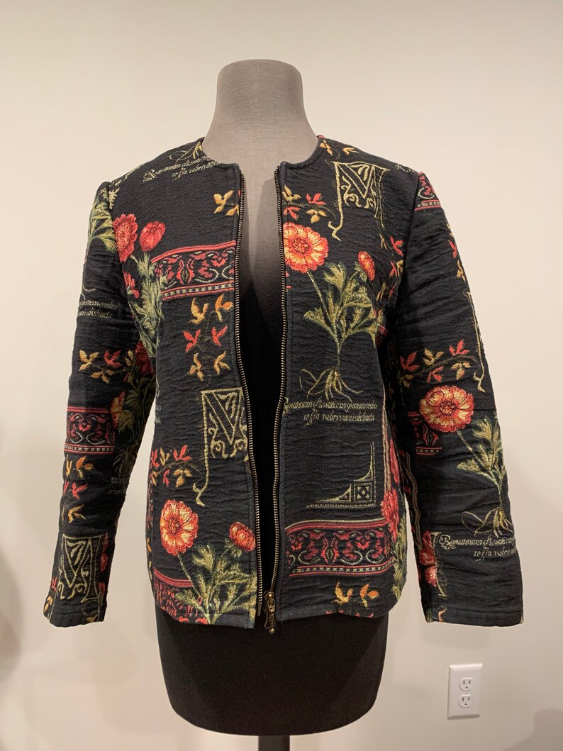 Floral Tapestry Waistline Jacket Crew Neck Zip Up Lightweight Etsy