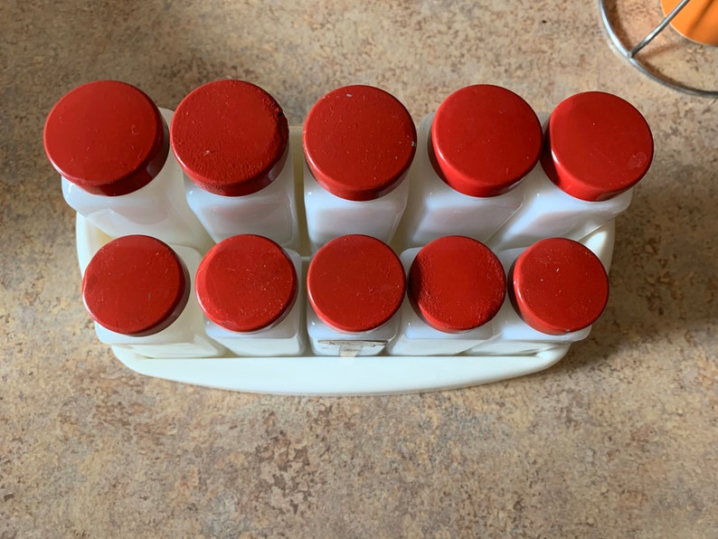 Vintage Milk Glass Spice Jars Rack Shakers Red Top By Griffiths Farmhouse Kitchen Decoration Wall Decor Cabin Cottage Spice Racks Kitchen Storage Lifepharmafze Com