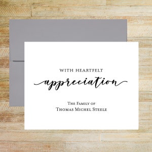 With Heartfelt Appreciation Personalized Sympathy Thank You Cards, Set of 10, Elegant Bereavement Notes, PRINTED A2 Folded Cards & Envelopes