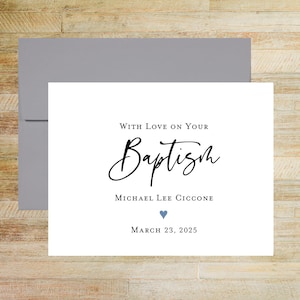 With Love On Your Baptism Blue Heart Custom Greeting Card, Personalized Boy Christening, PRINTED A2 Folded Card with Blank Envelope